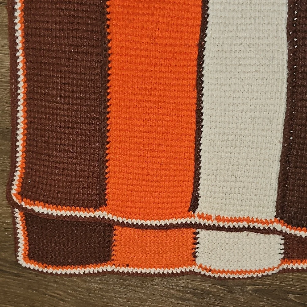VINTAGE 60's Striped Handmade Knit Blanket Orange Brown Cream Throw Home Accent - Picture 2 of 4